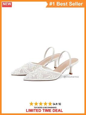 Embroidered Mesh Kitten Heel Slingback Sandals Pearl Pointed Toe Bridal